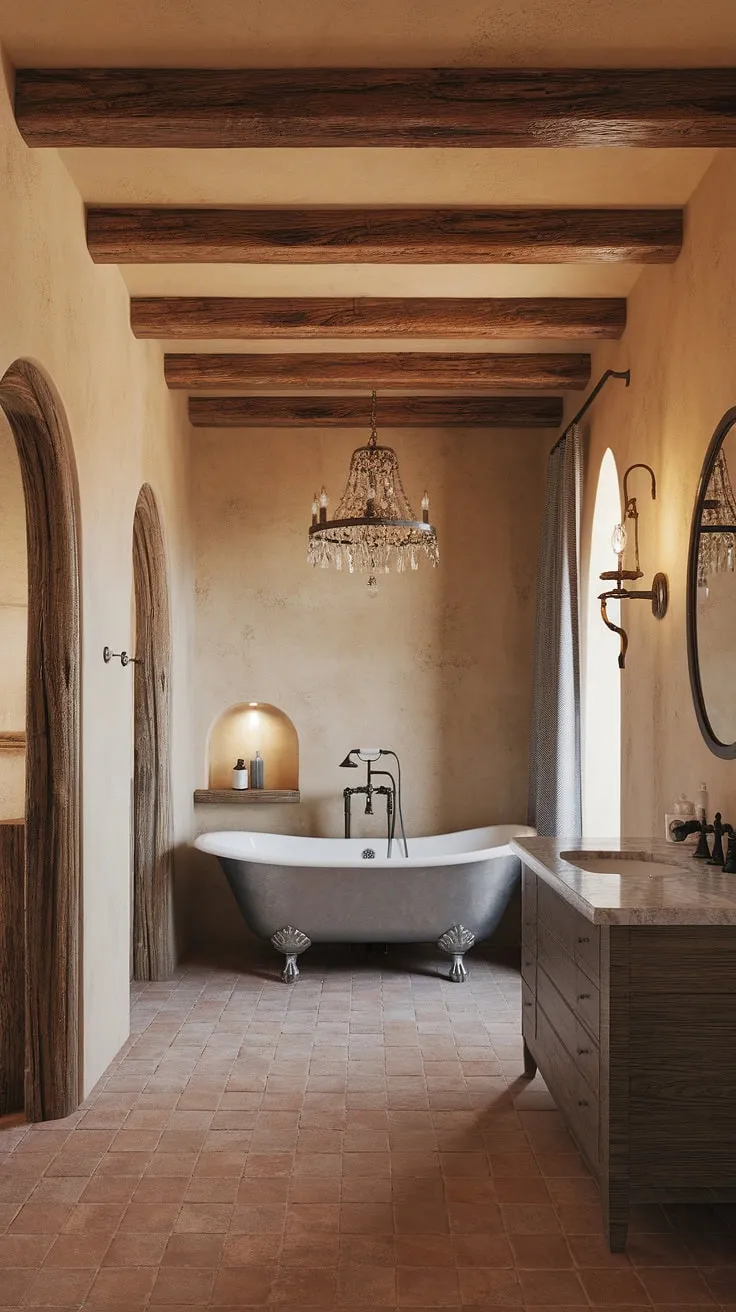 A modern hacienda bathroom boasts a vintage clawfoot tub, marble vanity, and textured wood beams under a warm chandelier glow.