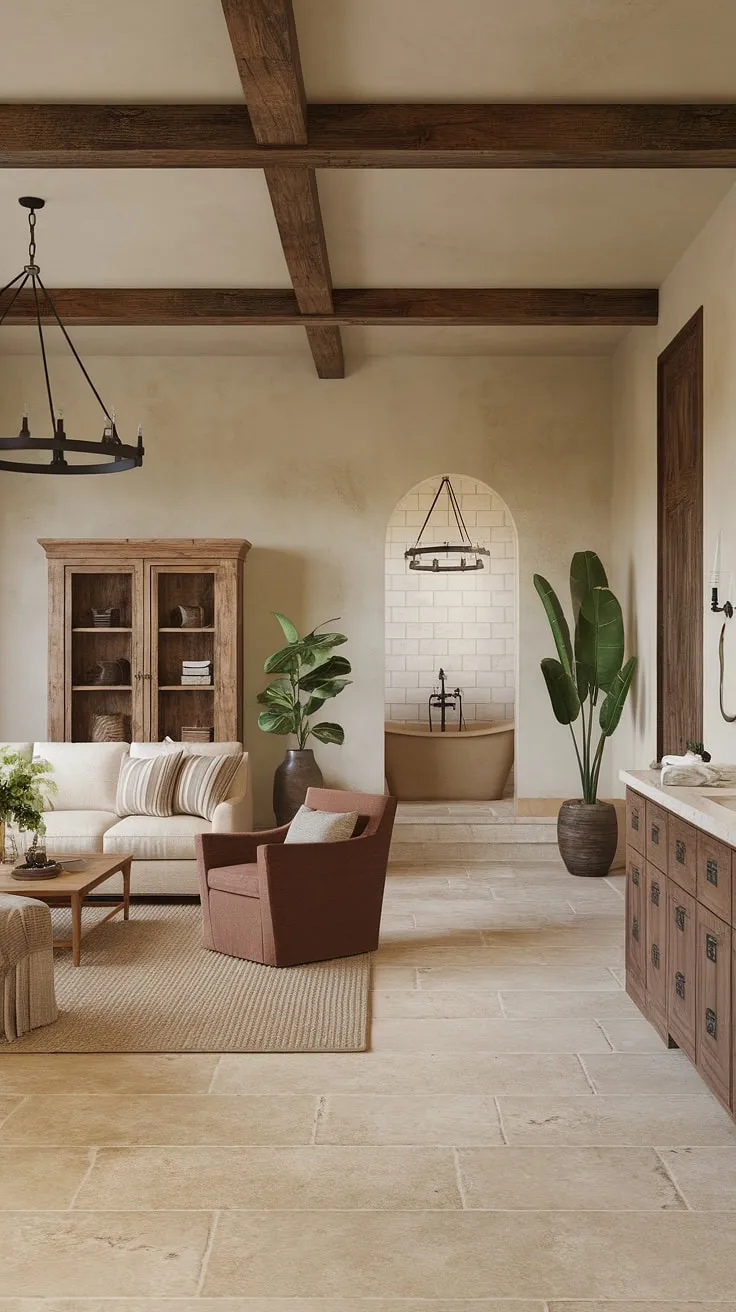 A Spanish ranch home's interior showcases a cohesive design with beige tiles, wooden furniture, and elegant lighting.