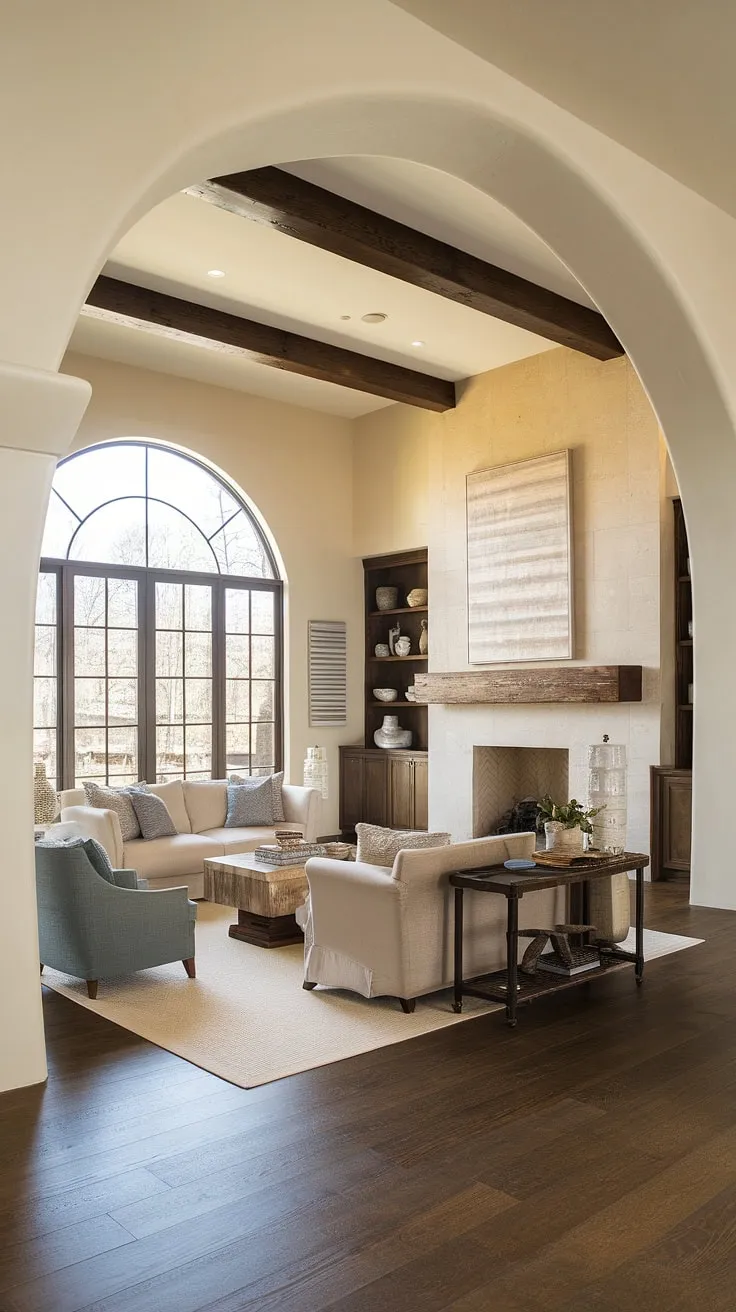 A modern hacienda-style living room boasts a large fireplace and dark hardwood floors in a beige-walled space.