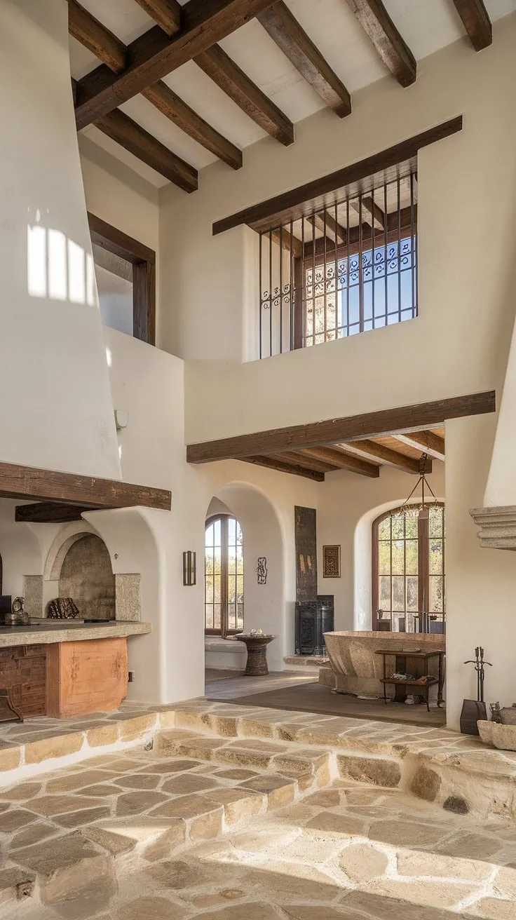 A modern Spanish ranch house features a captivating hacienda-style interior with high ceilings, exposed beams, and a Mediterranean aesthetic.