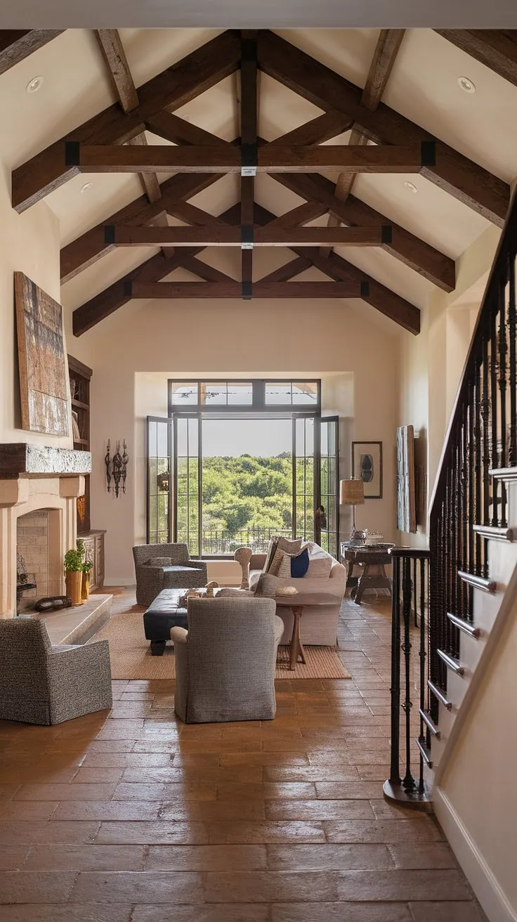 High ceilings, exposed beams, and terracotta floors create a luxurious Spanish ranch-style living room overlooking a verdant landscape