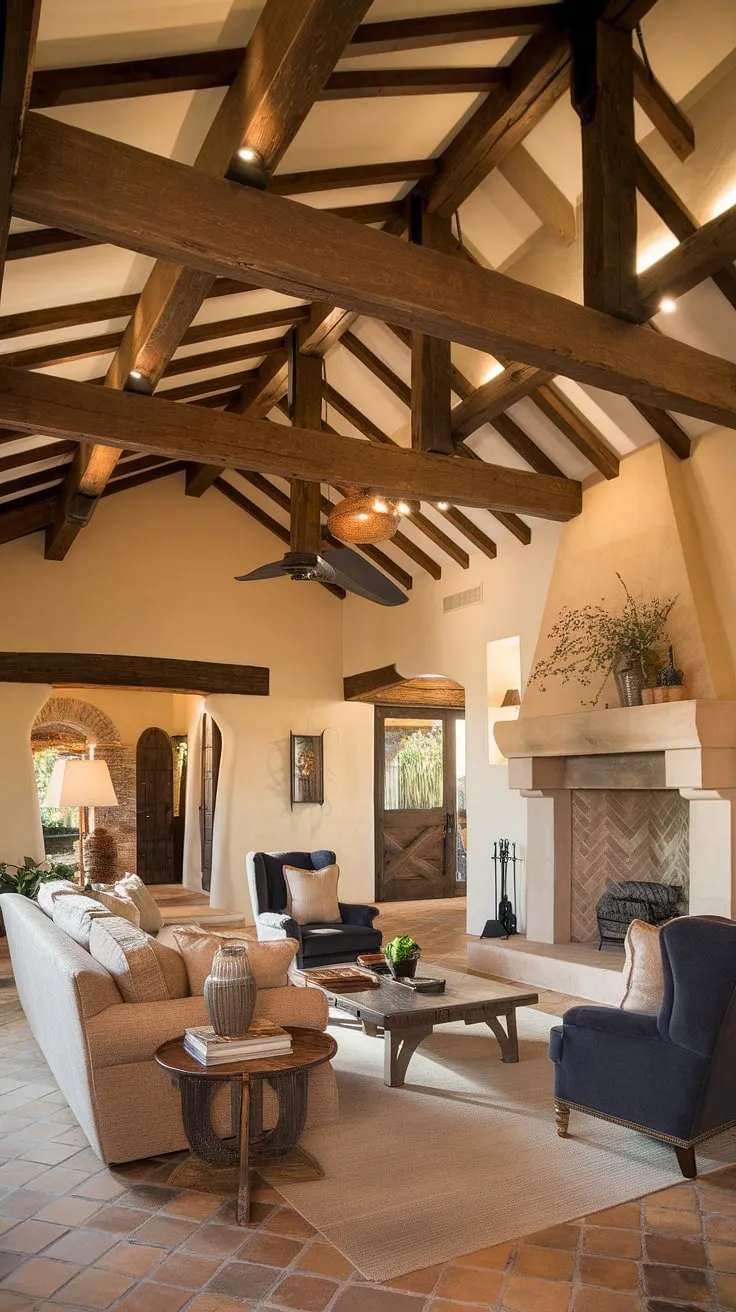A plush Spanish-style living room, complete with a stone fireplace and high ceilings, exudes warmth and comfort.