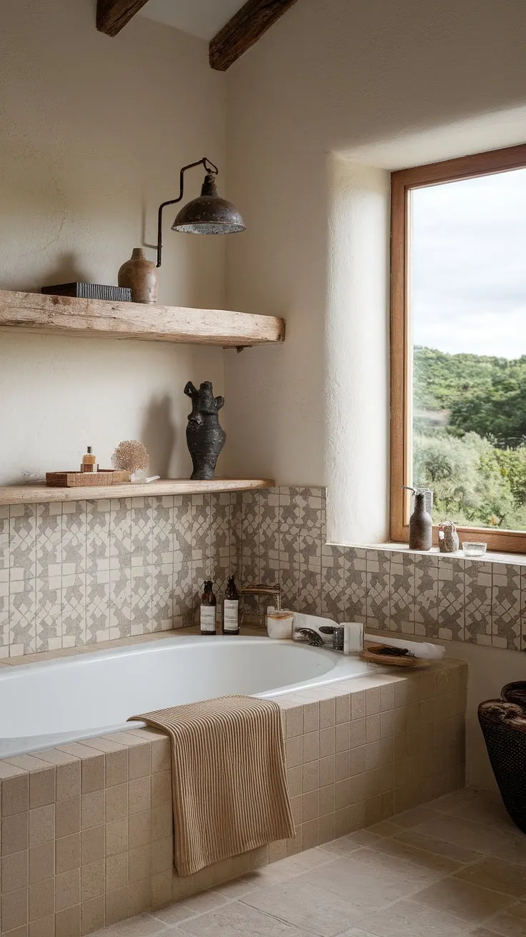 Rustic charm meets modern luxury in this Spanish ranch home's Mediterranean bathroom, showcasing a serene view and unique tilework.