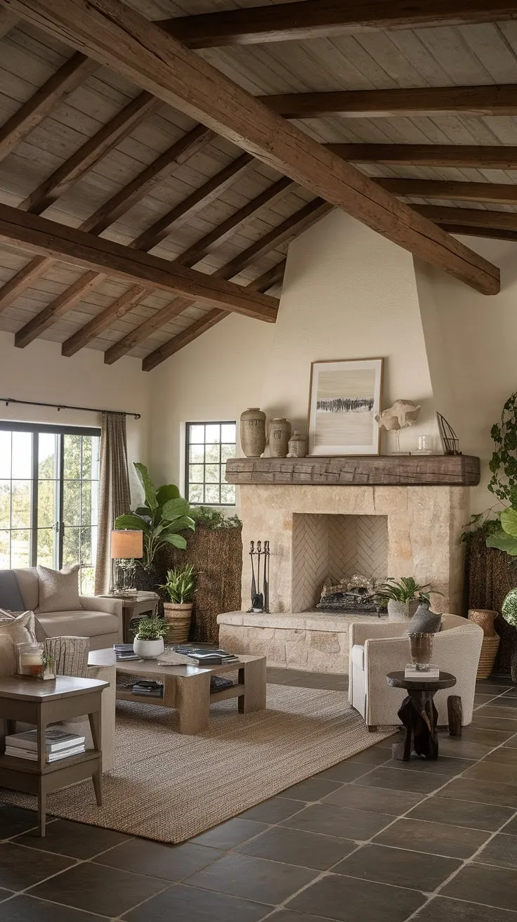 A Spanish ranch home's living room boasts high ceilings, a stone fireplace, and rich wooden details, showcasing a blend of comfort and character.