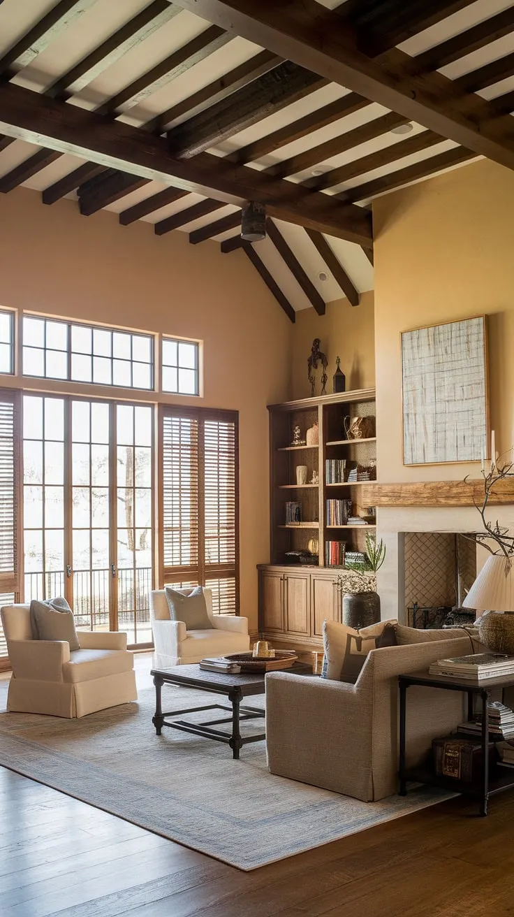 A modern Spanish ranch home's inviting living room boasts high ceilings, wooden beams, and abundant natural light.