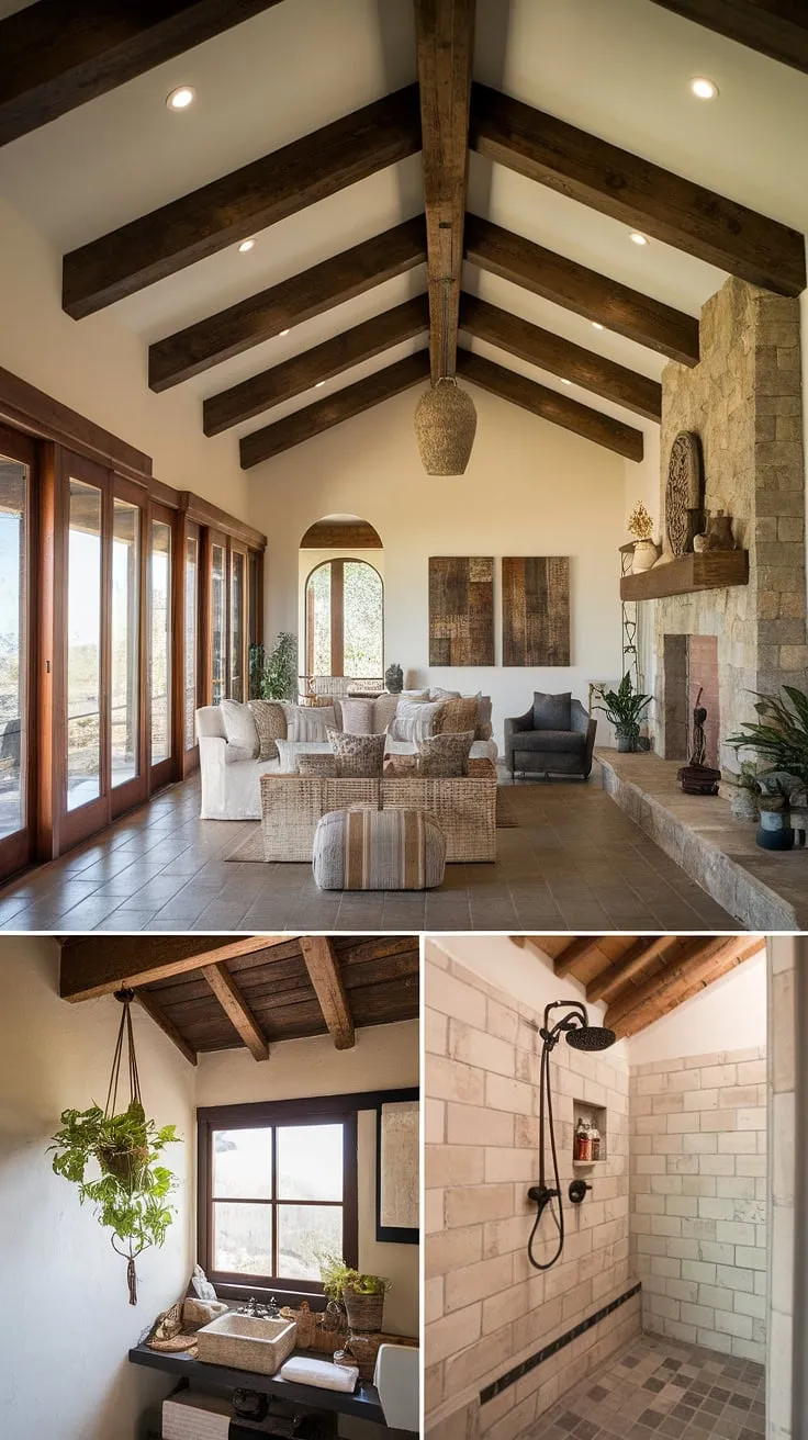 A sunlit Spanish ranch home showcases a modern hacienda design, featuring beamed ceilings, tiled floors, and a blend of comfortable living and stylish bathroom spaces.