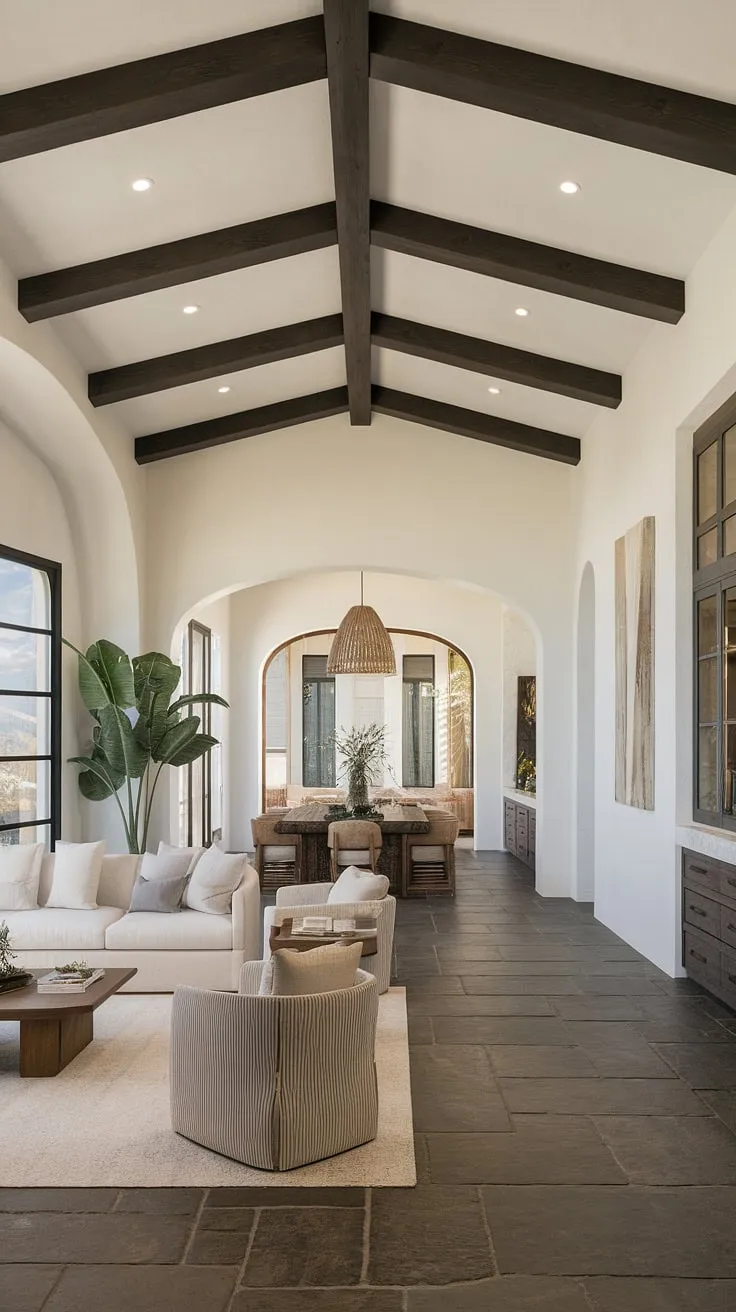 Elegant Spanish hacienda design showcases high ceilings, dark wood, and a comfortable living space