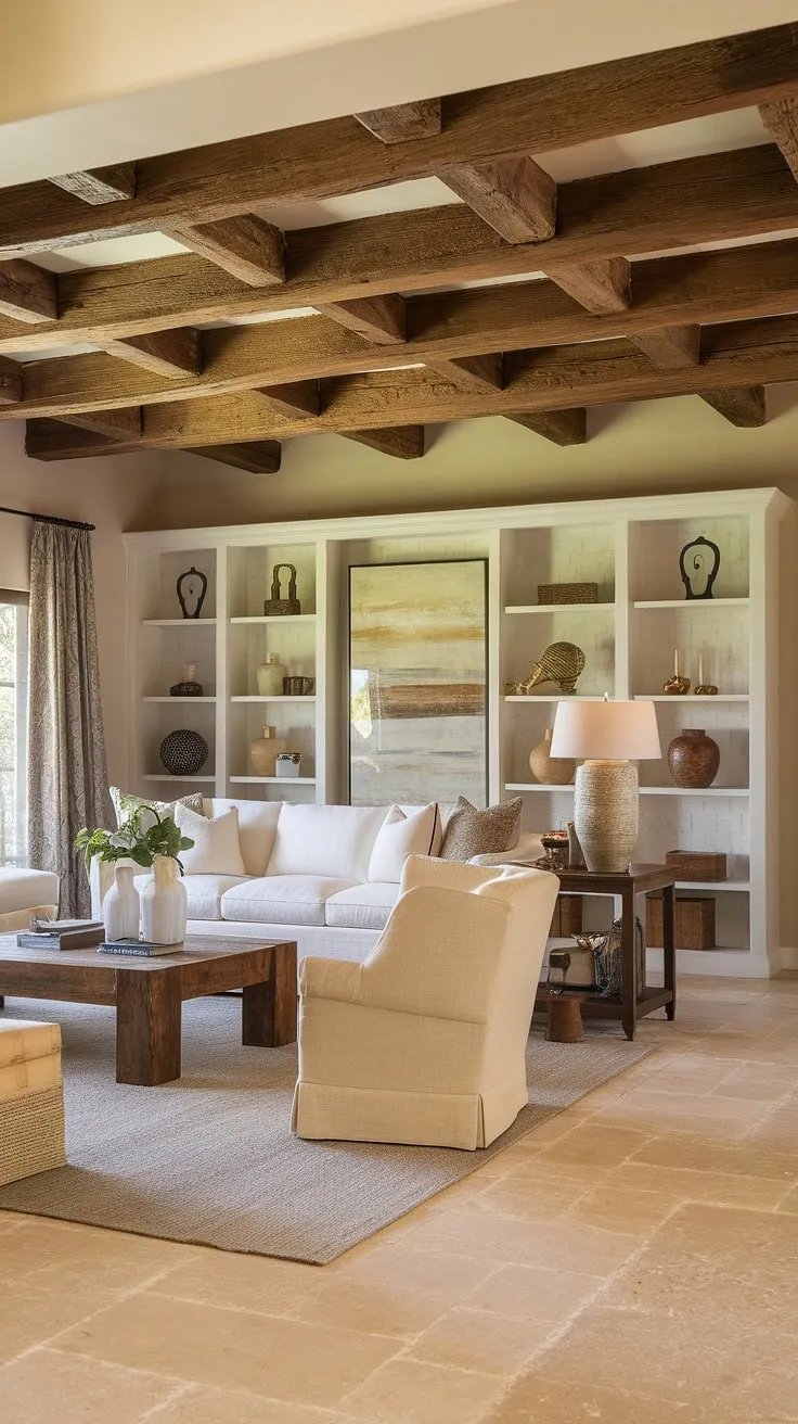 Rustic wooden beams and a modern white sofa define the inviting living room of this Spanish ranch home.