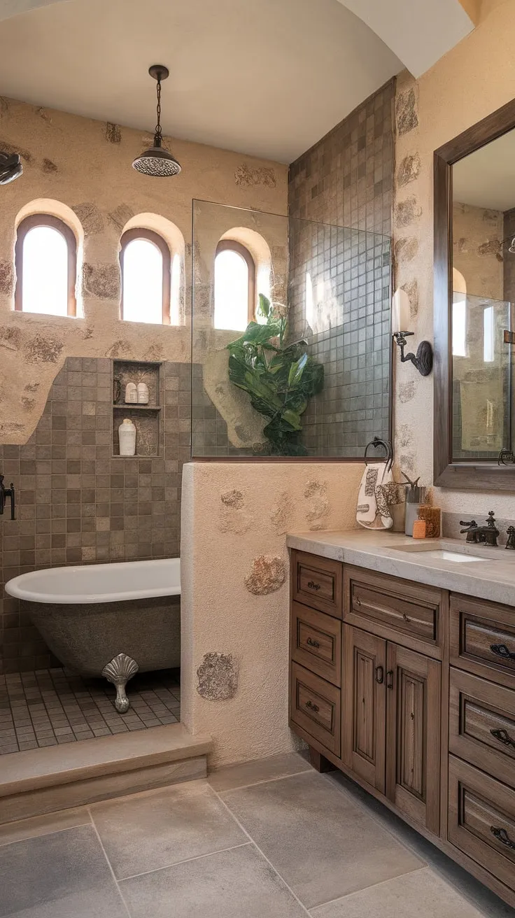 This Spanish ranch home's bathroom boasts a Mediterranean-inspired design with a clawfoot tub and stone walls, creating a tranquil atmosphere