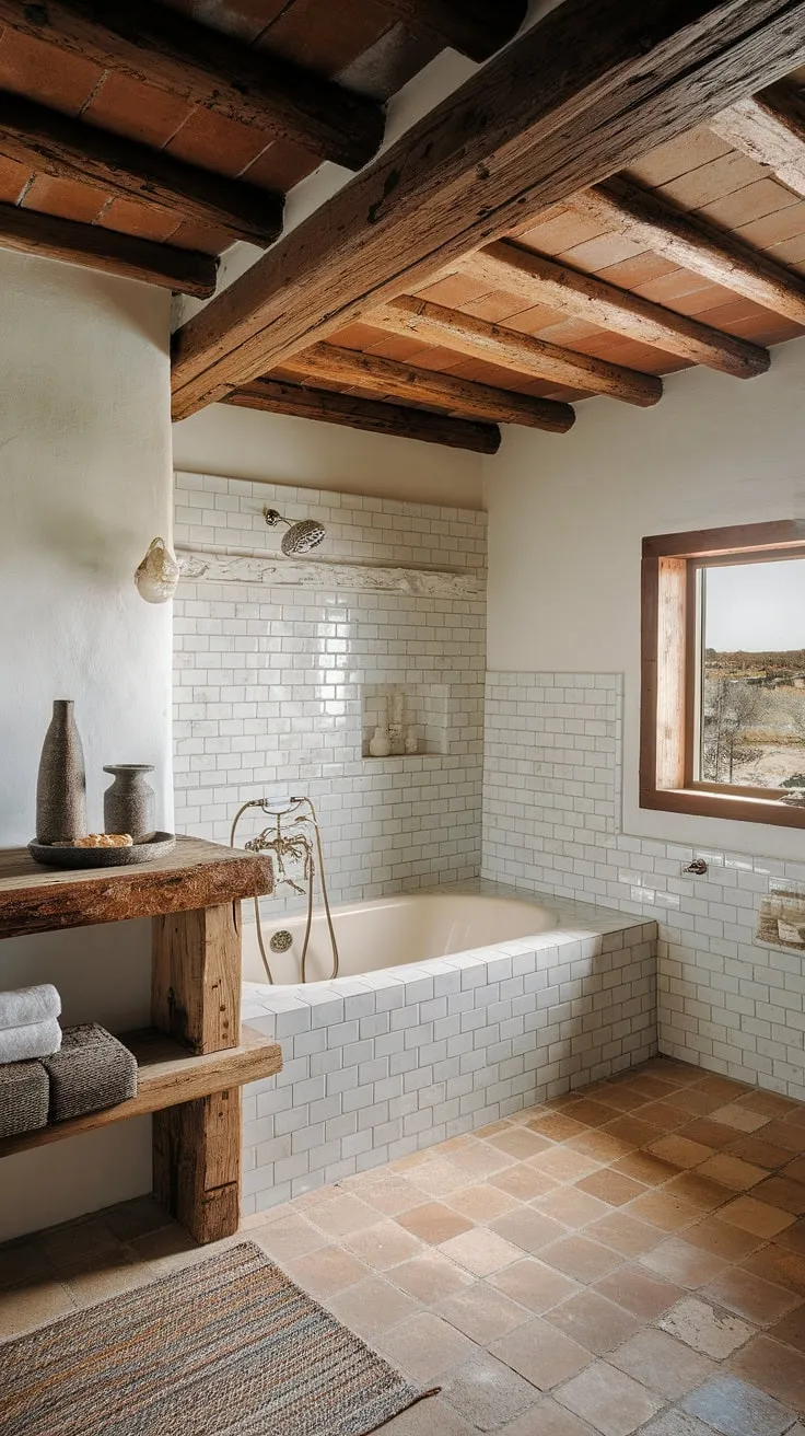 Rustic charm fills a Spanish ranch home's bathroom, where wooden beams and vintage details create a tranquil retreat.