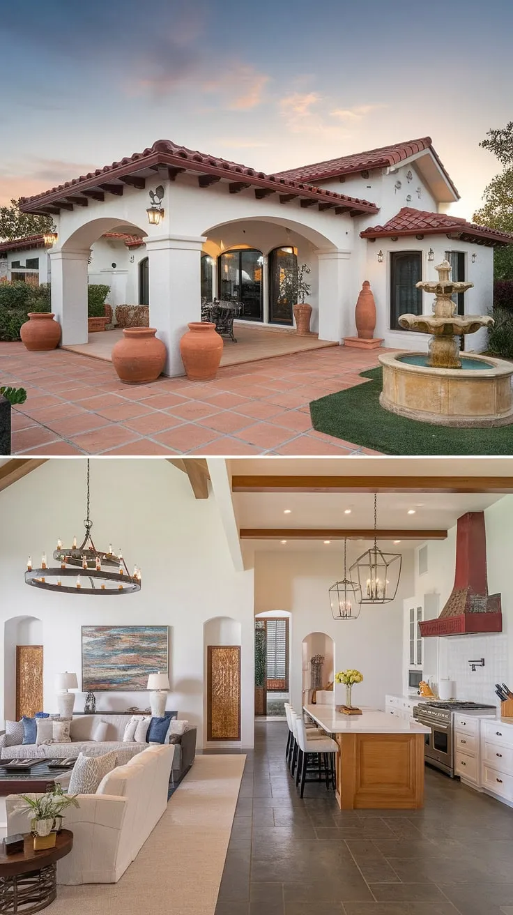 A modern Spanish villa boasts a stunning blend of interior and exterior design elements, highlighting Mediterranean architecture.