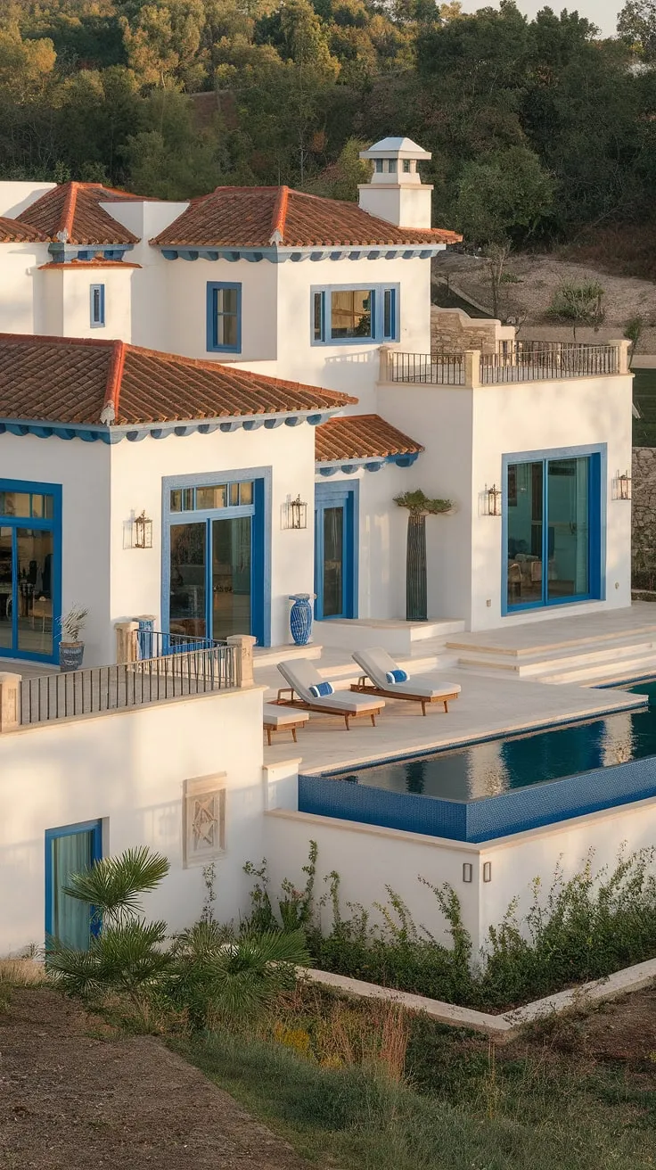 A sun-drenched white Spanish villa, accented with blue and boasting a red roof, overlooks a sparkling pool and vibrant gardens.