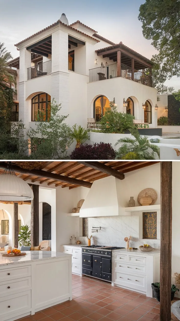 A stunning Spanish villa boasts a white exterior, red tile roof, and lush landscaping, hinting at a sophisticated interior blending traditional and modern design elements.