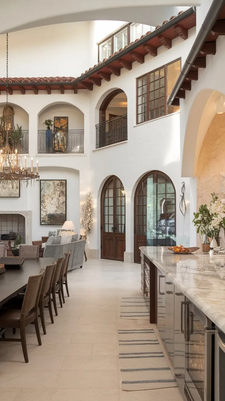 A red-tiled roof tops a white-walled villa showcasing a blend of traditional Spanish charm and contemporary interior design.