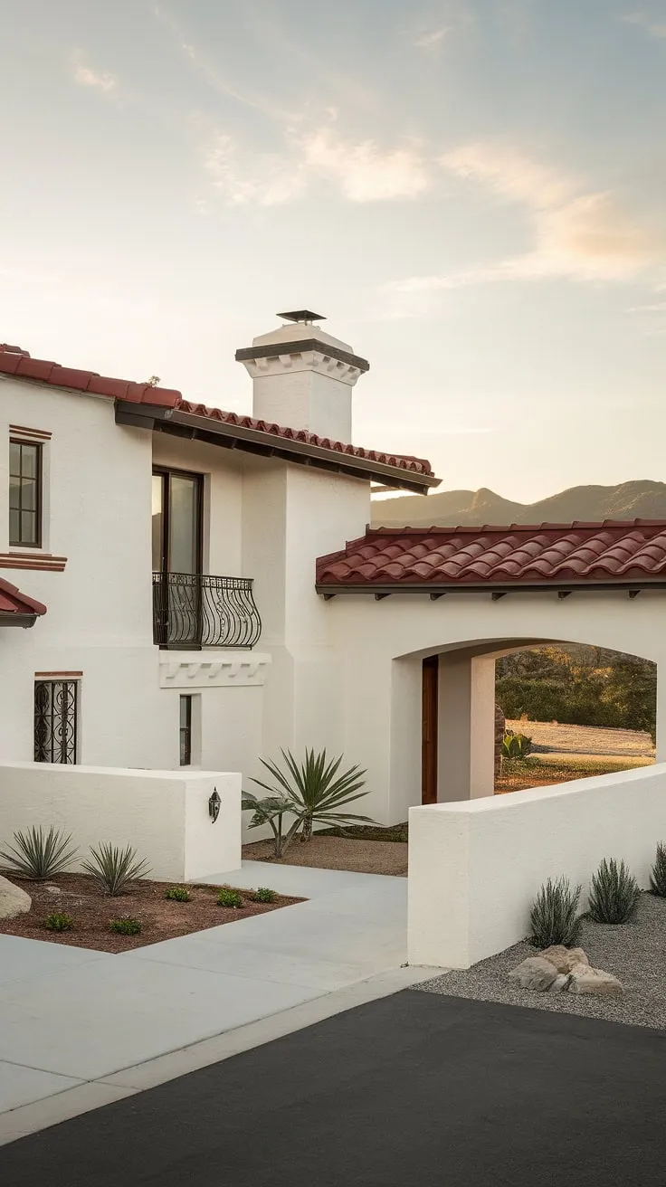 A white stucco house with red tile roof and charming details sits serenely against a majestic mountain range.