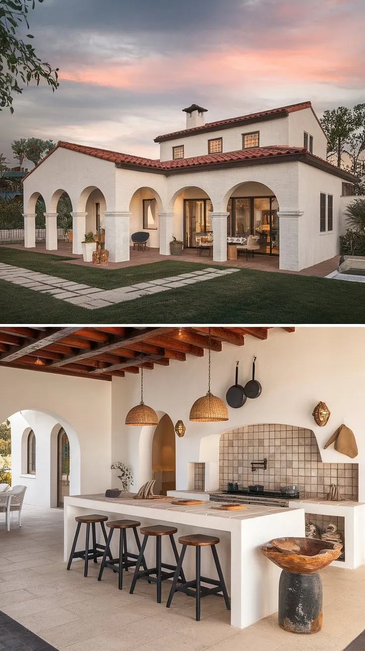 This modern Spanish villa blends traditional elements like red tile roofs and arched courtyards with contemporary interior design