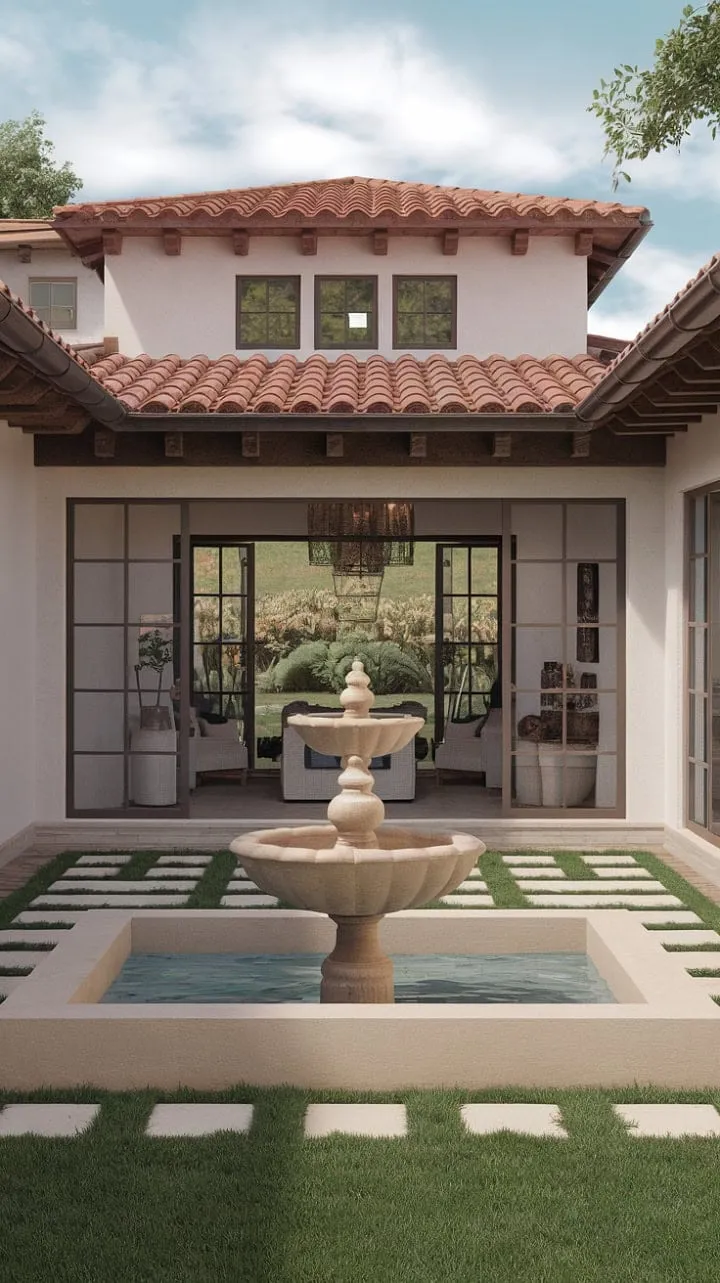 In this Spanish-style retreat, sunlight dances on terracotta and whitewashed walls, while a serene courtyard fountain and rustic wooden beams create a harmonious blend of modern comfort and Mediterranean elegance.