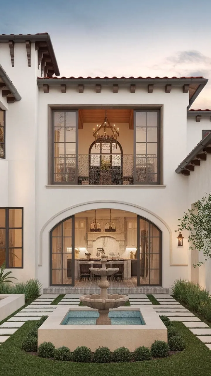 This stunning home harmoniously fuses traditional Spanish architecture with modern luxury, featuring a crisp white facade, terracotta roof, and a serene courtyard fountain for the perfect Mediterranean retreat.