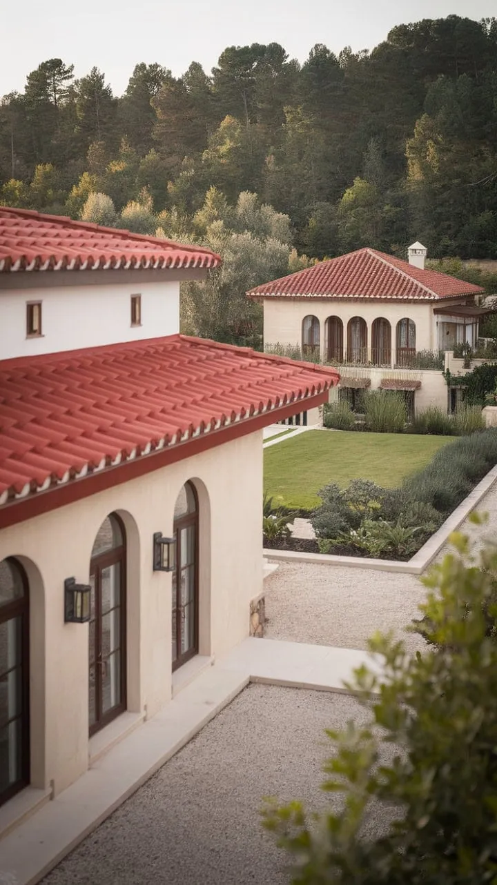 Bathed in sunlight, this stunning Spanish-style villa boasts a harmonious blend of whitewashed walls and lush greenery, inviting exploration along its tranquil gravel path.