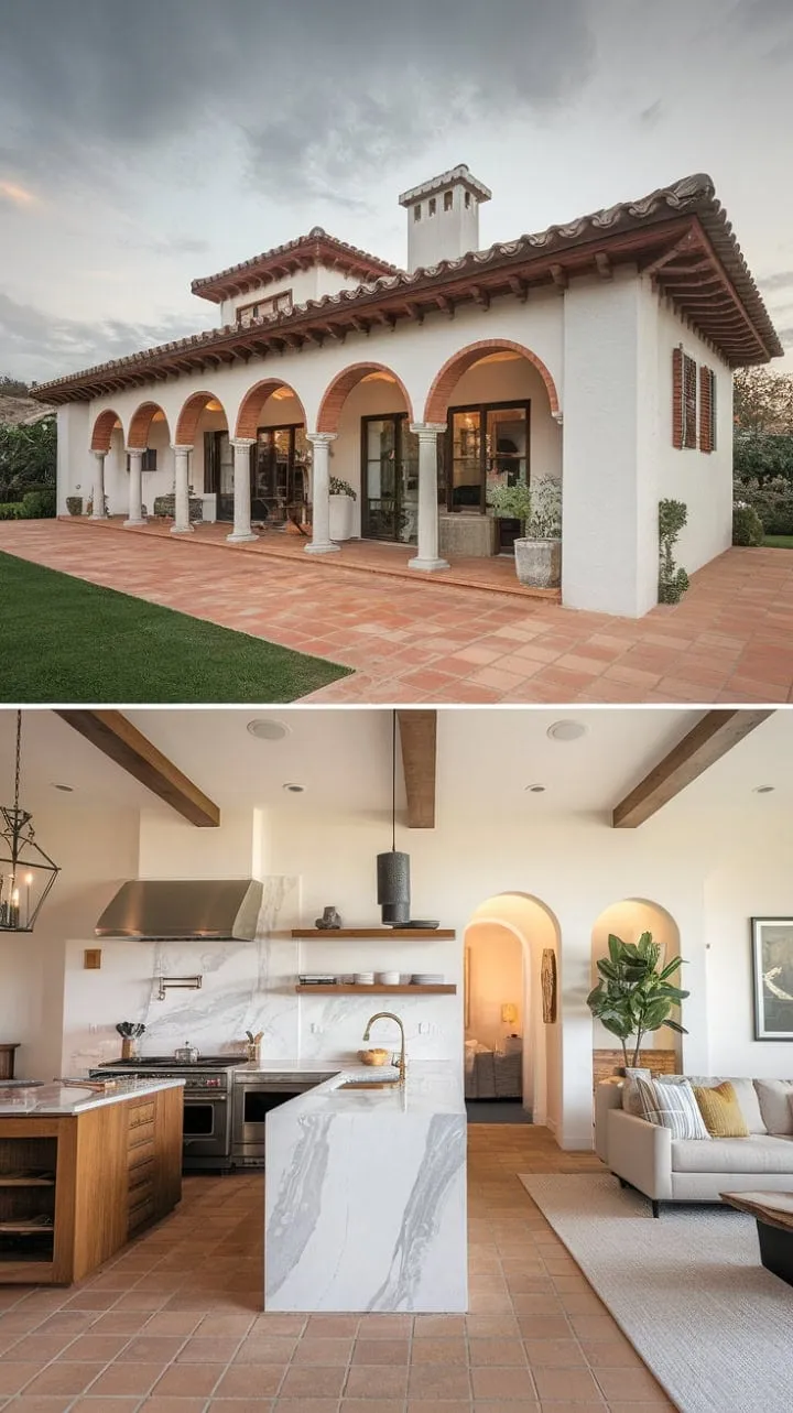 This Spanish villa beautifully blends timeless charm with modern elegance, featuring classic red roofs and whitewashed walls alongside sleek marble and stainless steel interiors.
