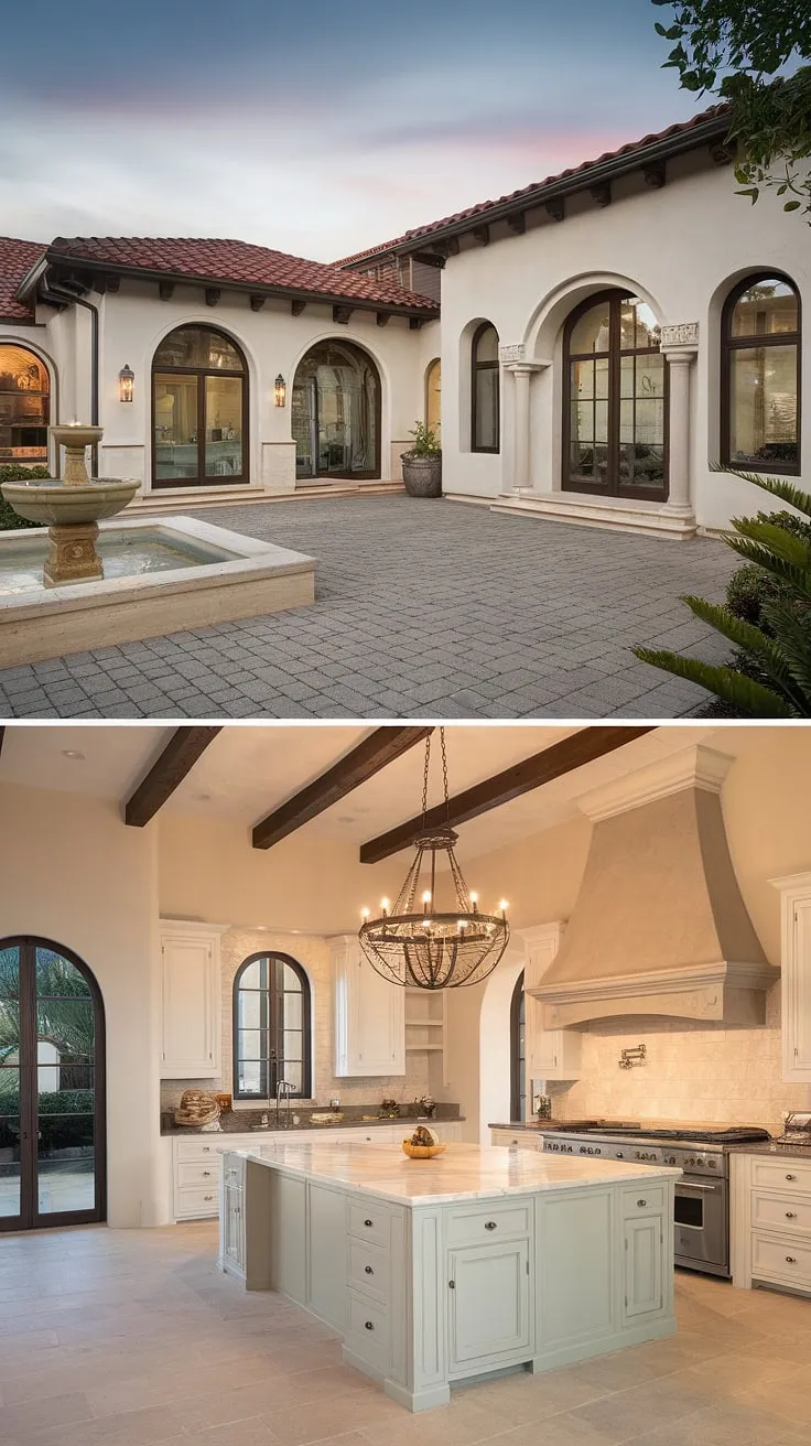 A sun-drenched Mediterranean villa features a red-tiled roof, white walls, and a stunning kitchen with a marble island and chandelier.