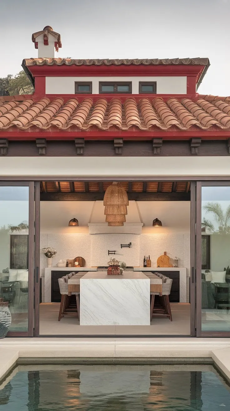 This modern Spanish villa blends traditional Mediterranean architecture with a contemporary interior design featuring a stunning kitchen.