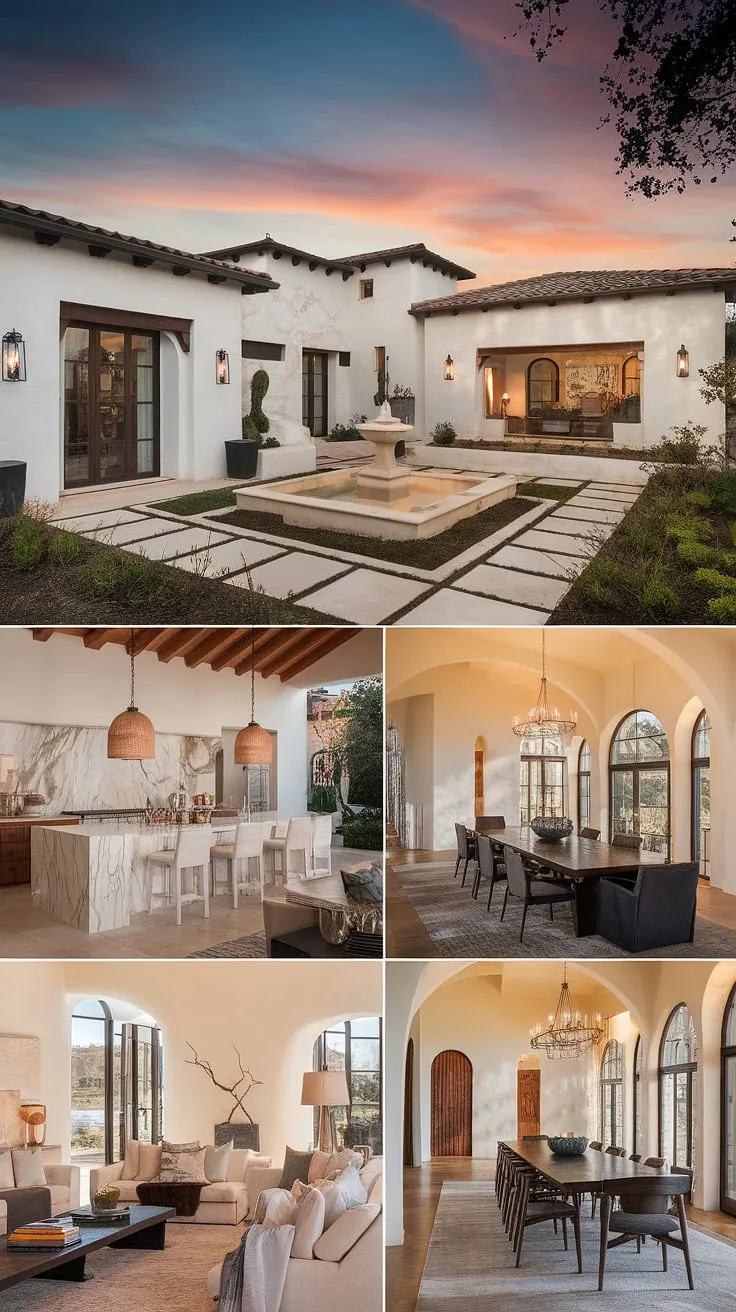 A sun-drenched Spanish villa boasts a luxurious interior and tranquil courtyard, blending modern comfort with traditional Mediterranean charm.
