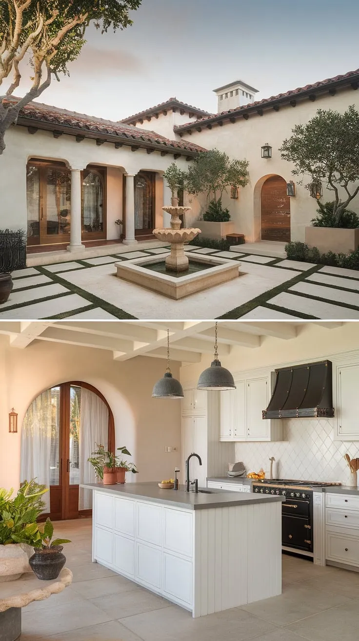 A sun-drenched Spanish villa boasts a traditional red-tiled roof, white walls, and a tranquil courtyard, complemented by a modern Mediterranean kitchen.