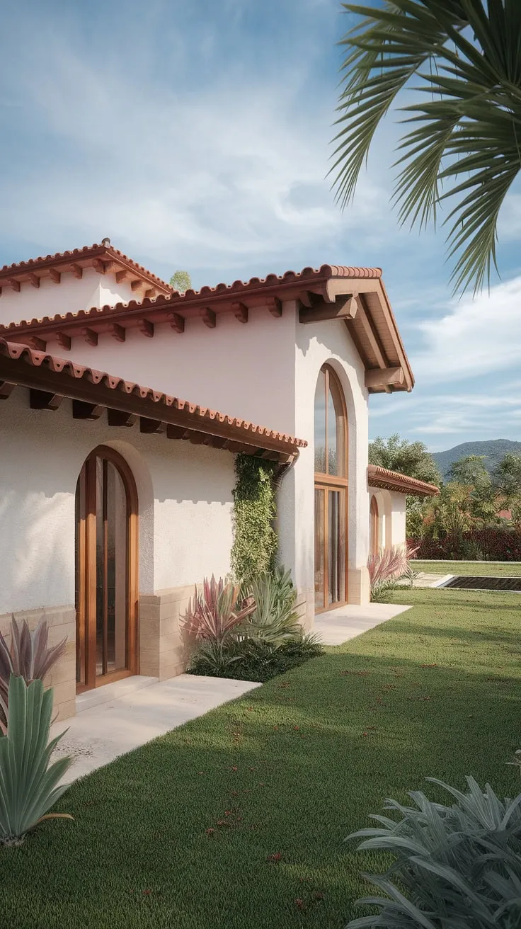 A sun-drenched Spanish villa blends traditional architecture with modern touches, nestled amidst a vibrant garden and stunning mountain views