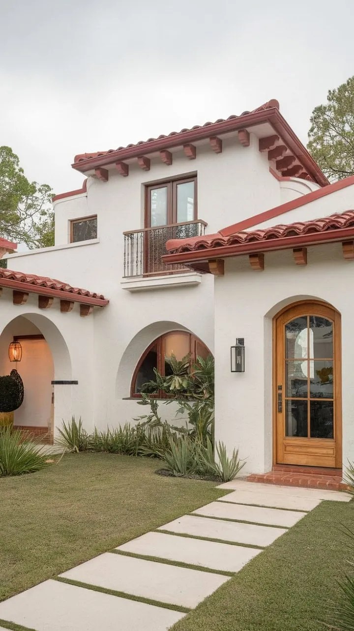 This stunning Spanish-style home harmoniously blends Mediterranean charm with modern elegance, featuring a terracotta roof and arched doorways alongside a pristine white exterior and manicured landscaping.