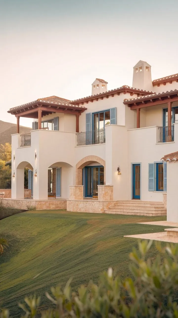 This stunning Mediterranean villa harmoniously blends old-world charm and modern luxury, inviting you to explore its serene beauty amidst rolling hills.