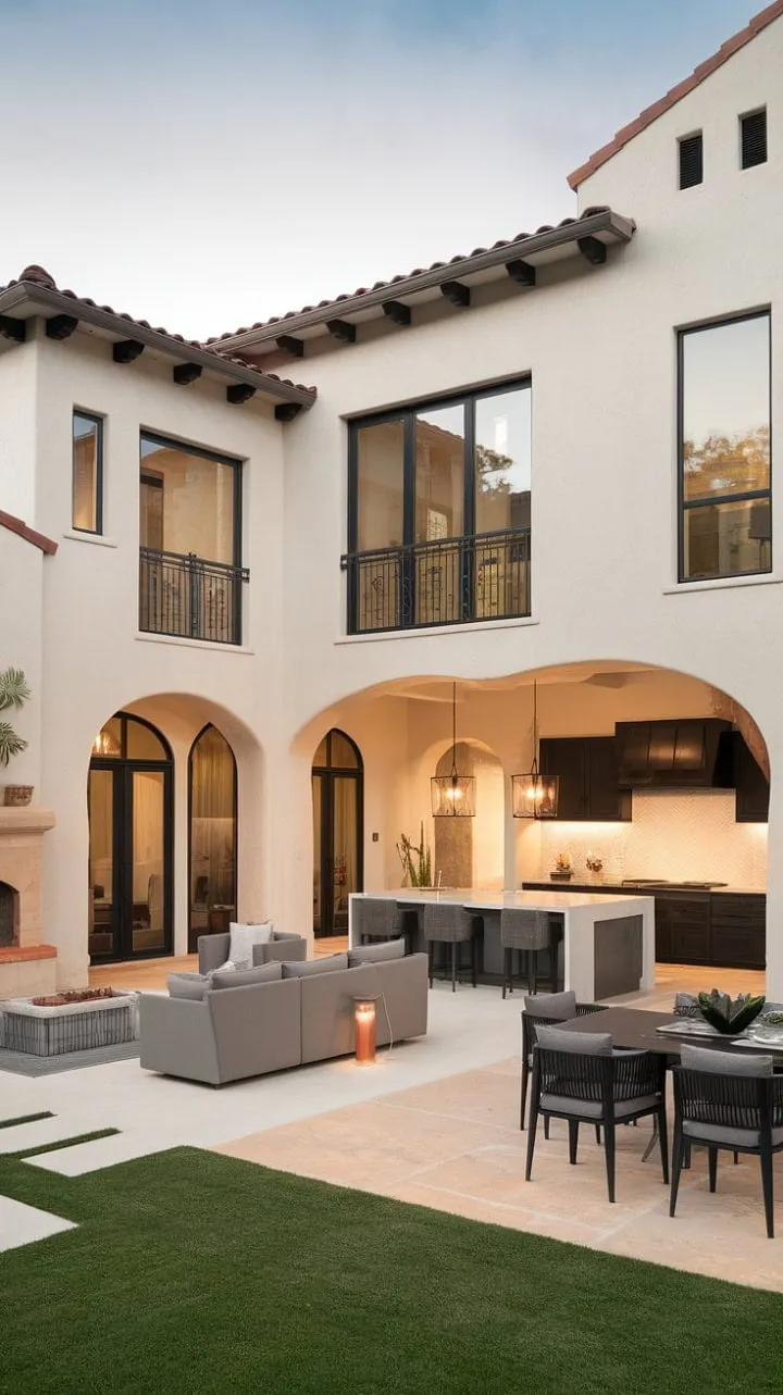 This stunning Spanish-inspired villa harmoniously combines elegant architectural details with modern comforts, creating a serene oasis that seamlessly connects indoor and outdoor living.