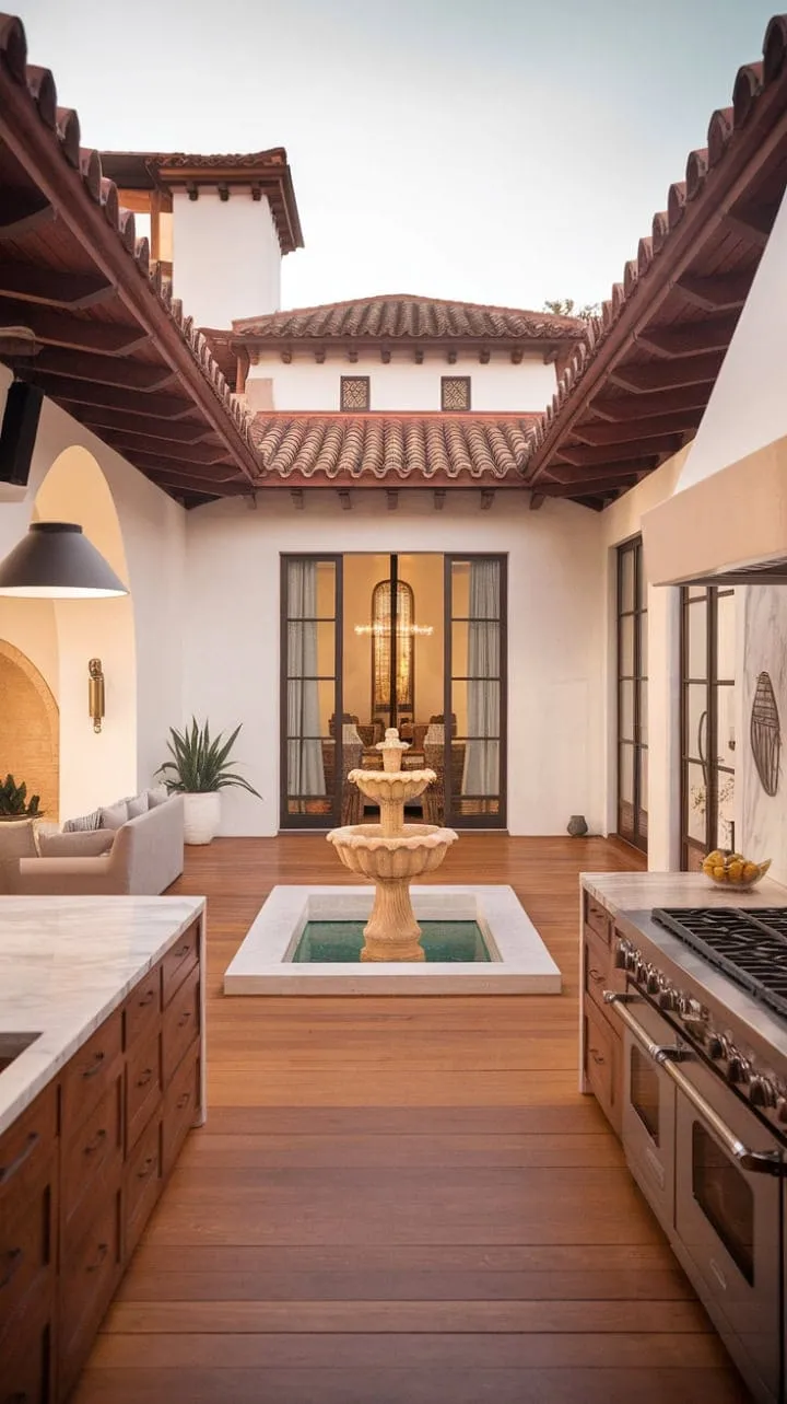 This Spanish-style villa harmoniously fuses modern elegance with timeless charm, featuring a serene courtyard fountain amidst its picturesque red-tiled roof and minimalist interior.