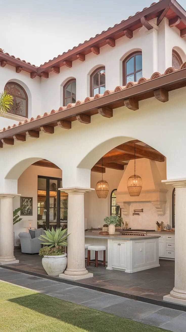 Elegant Spanish villa design features a red-tiled roof, white walls, and a stylish kitchen with a large island