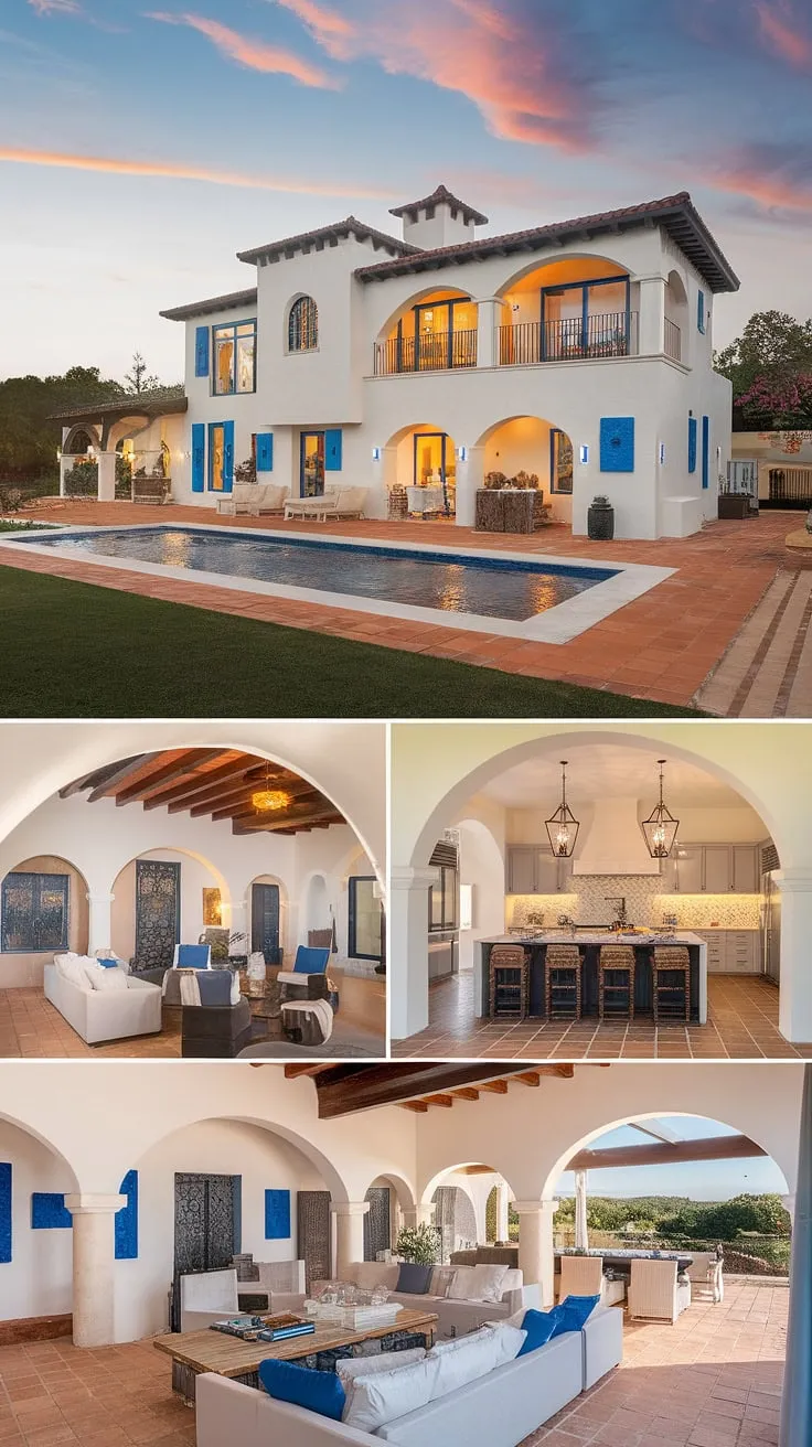 A modern Spanish villa showcases a stunning blend of Mediterranean architecture and contemporary design, offering both indoor and outdoor living spaces.