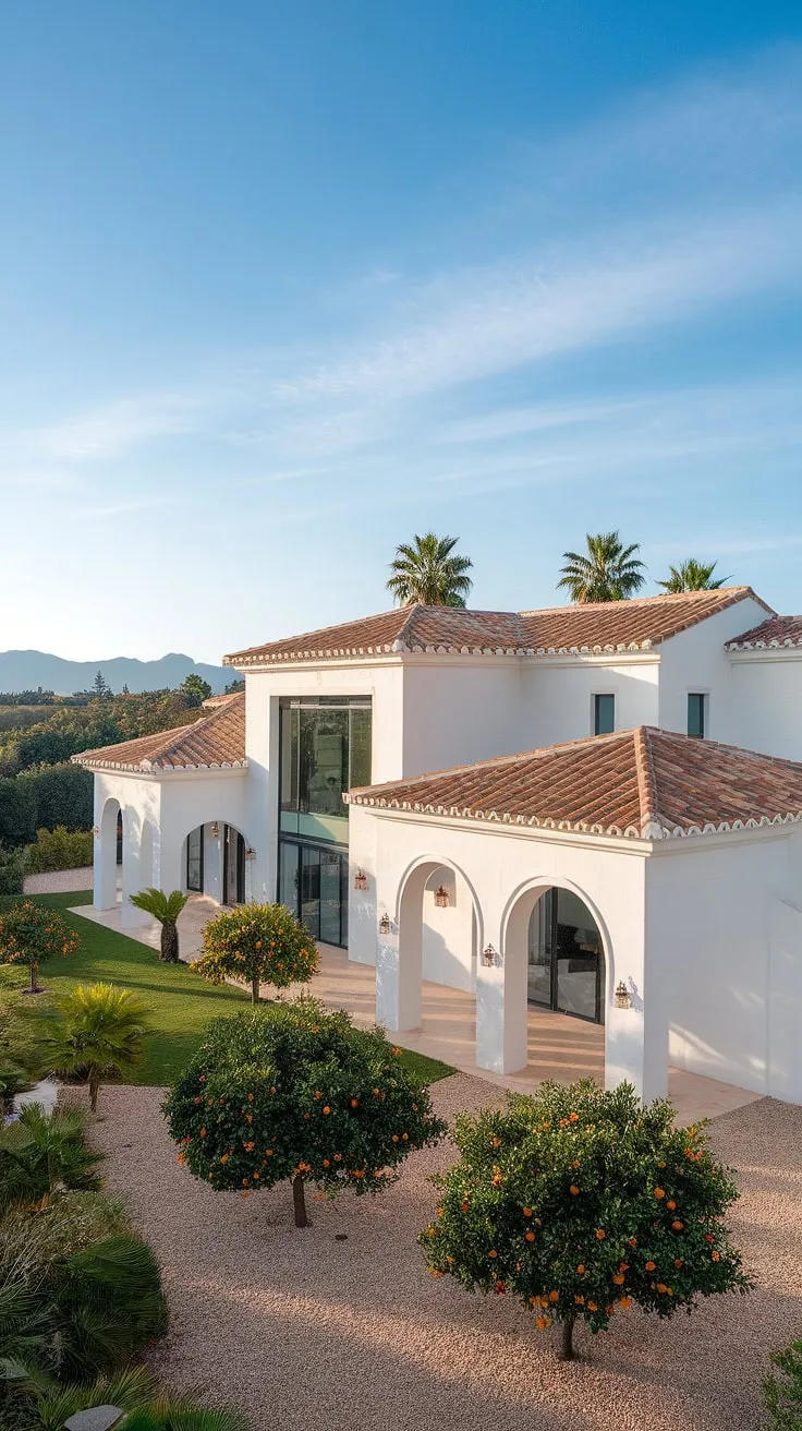 A stunning white Spanish villa, adorned with arched windows and terracotta tiles, sits nestled amongst lush Mediterranean gardens against a backdrop of clear blue sky and distant mountains.