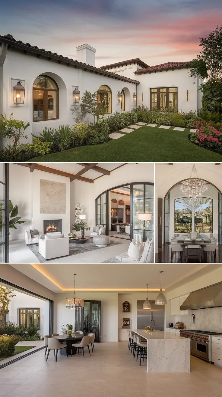 Elegant Spanish-style architecture blends indoor luxury with vibrant outdoor gardens.