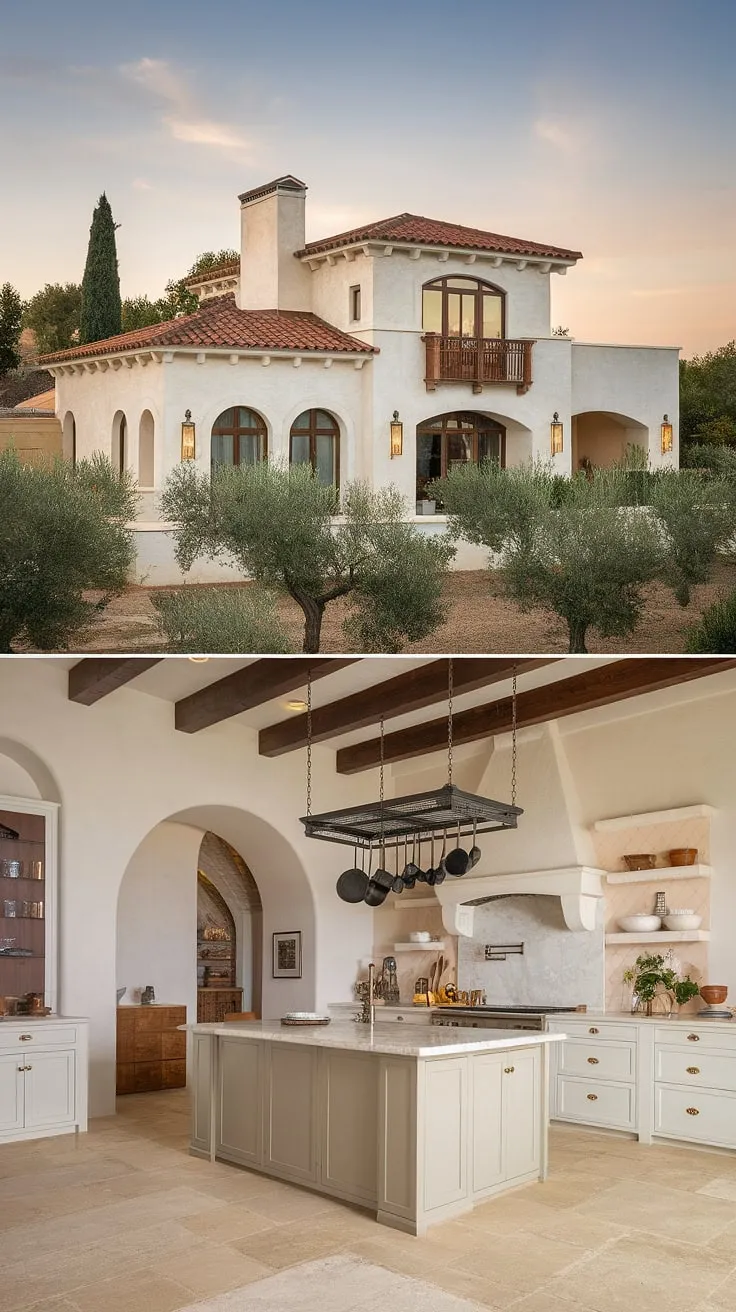 Elegant Spanish villa design blends Mediterranean exterior with a bright, airy kitchen interior
