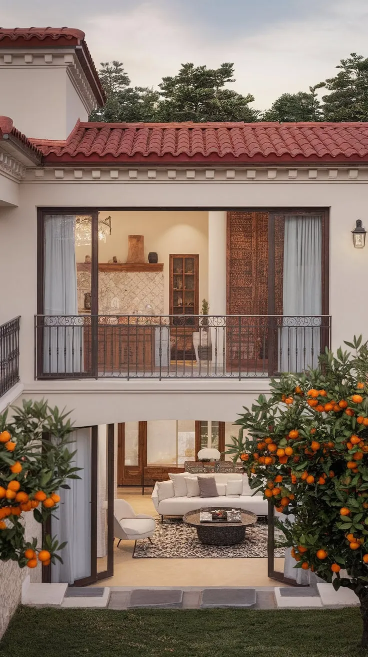 A modern Spanish villa boasts a red-tiled roof, white walls, wrought-iron details, and a lush garden, perfectly blending traditional and contemporary Mediterranean styles.