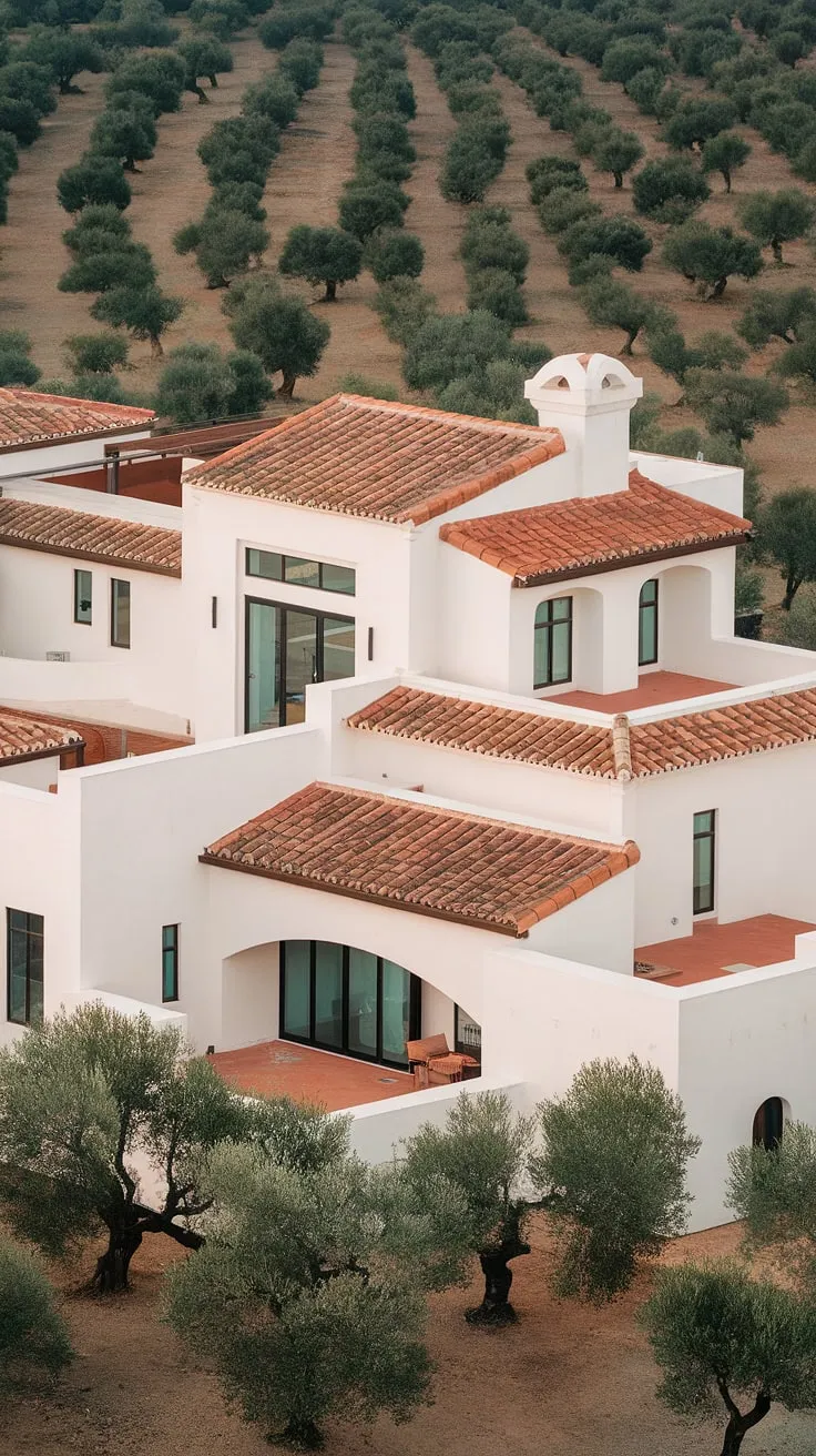 A whitewashed Spanish villa, crowned with red tiles and arched details, sits proudly amidst ancient olive trees.
