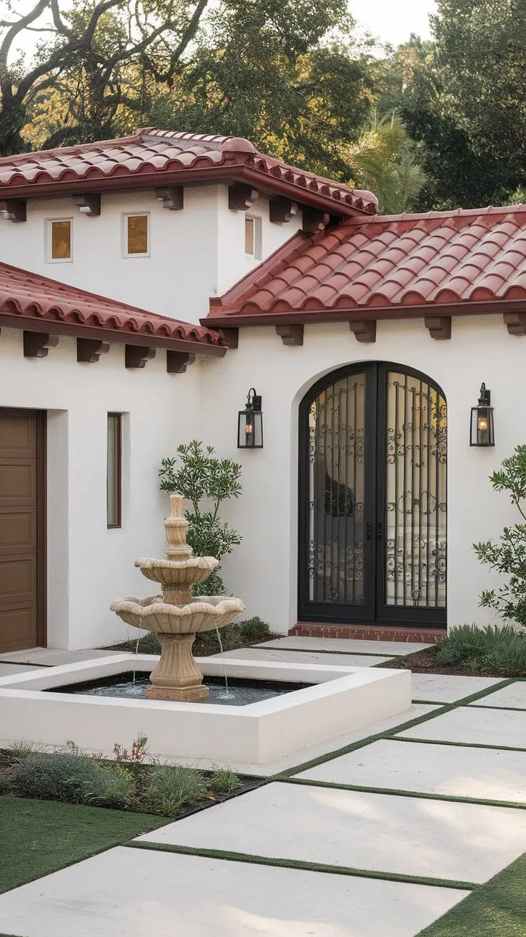 A sun-drenched Spanish villa, with red tile roof and white walls, boasts a tranquil courtyard fountain and lush greenery.