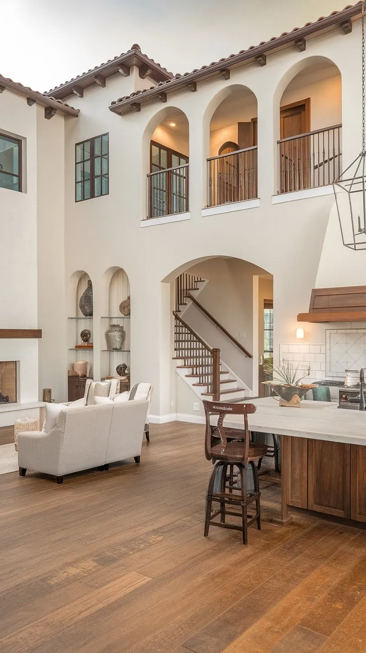 A stunning modern Spanish villa boasts a white exterior, red tile roof, and spacious interior with arched windows and wooden floors.