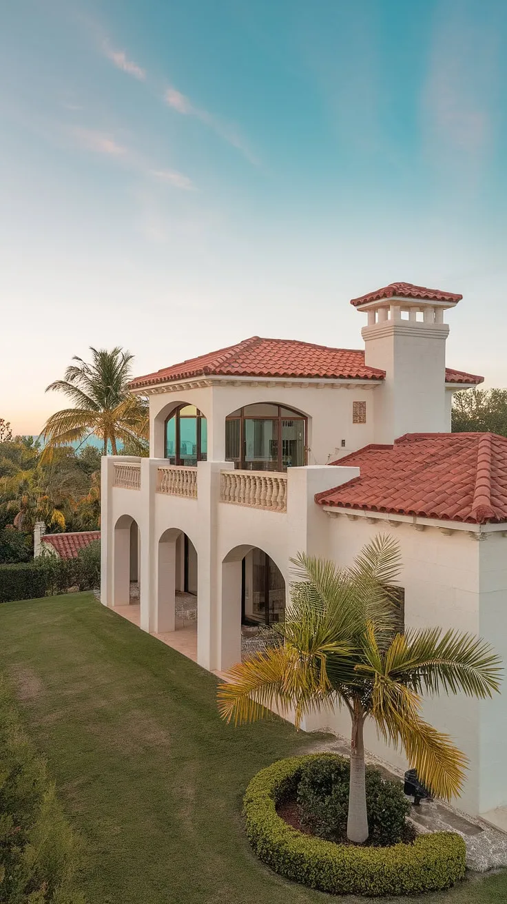 A majestic Spanish villa, its red roof and white walls rising against a clear blue sky, is showcased amidst lush greenery and palm trees.