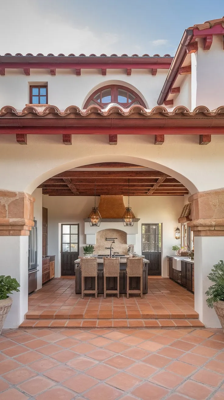 A Mediterranean-style villa boasts a kitchen showcasing a harmonious mix of old-world and modern design elements.