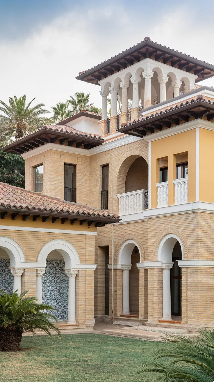 Elegant Spanish villa architecture blends Mediterranean style with vibrant colors and lush landscaping
