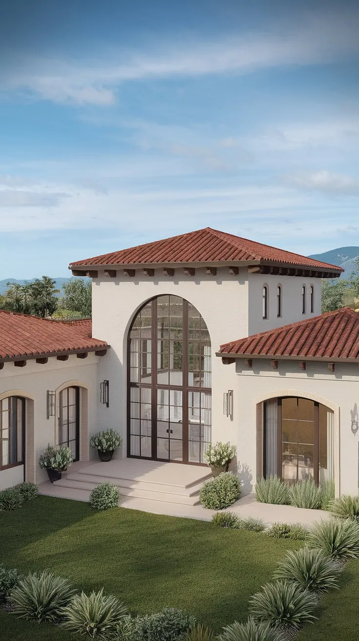 A stunning modern Spanish villa, with red tile roof and white walls, sits majestically amidst lush gardens against a backdrop of blue sky and mountains.