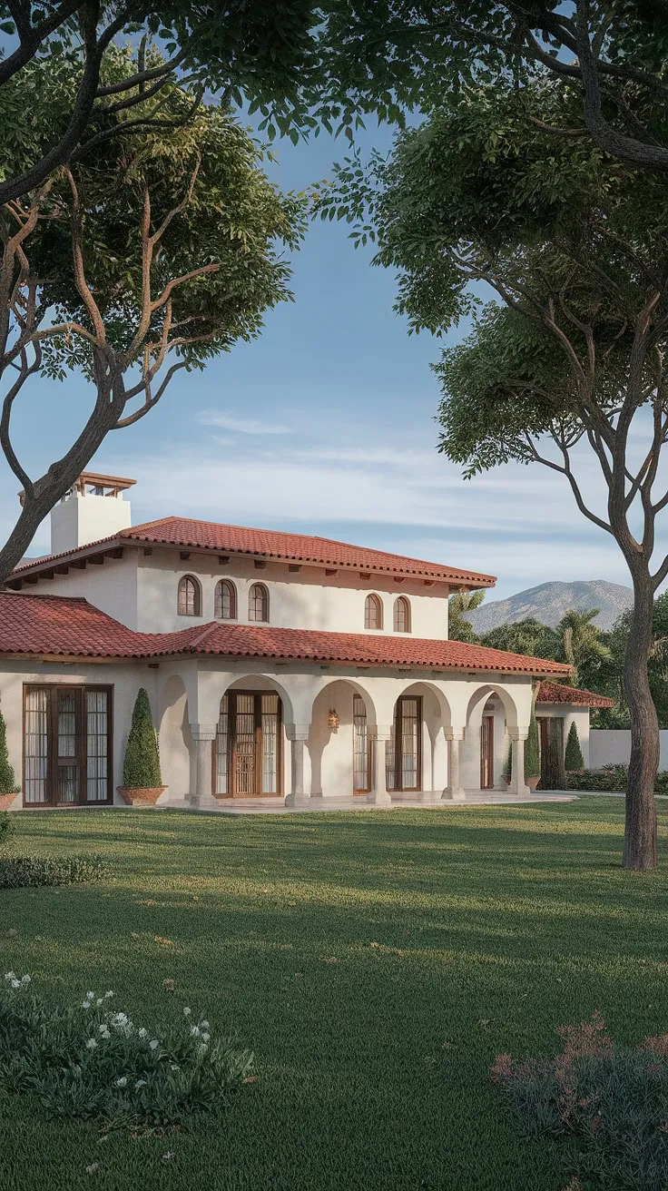 Elegant Spanish architecture blends traditional design with a modern aesthetic, nestled amidst a vibrant landscape.