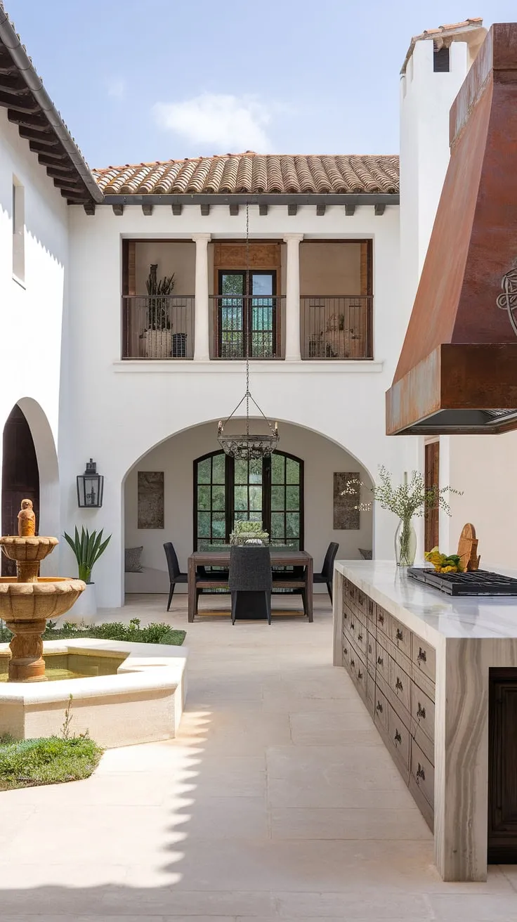 A modern Spanish villa showcases a stunning blend of white walls, dark wood, and a captivating courtyard fountain.