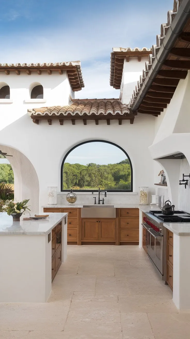 Elegant Spanish-style architecture blends modern interiors and lush outdoor views
