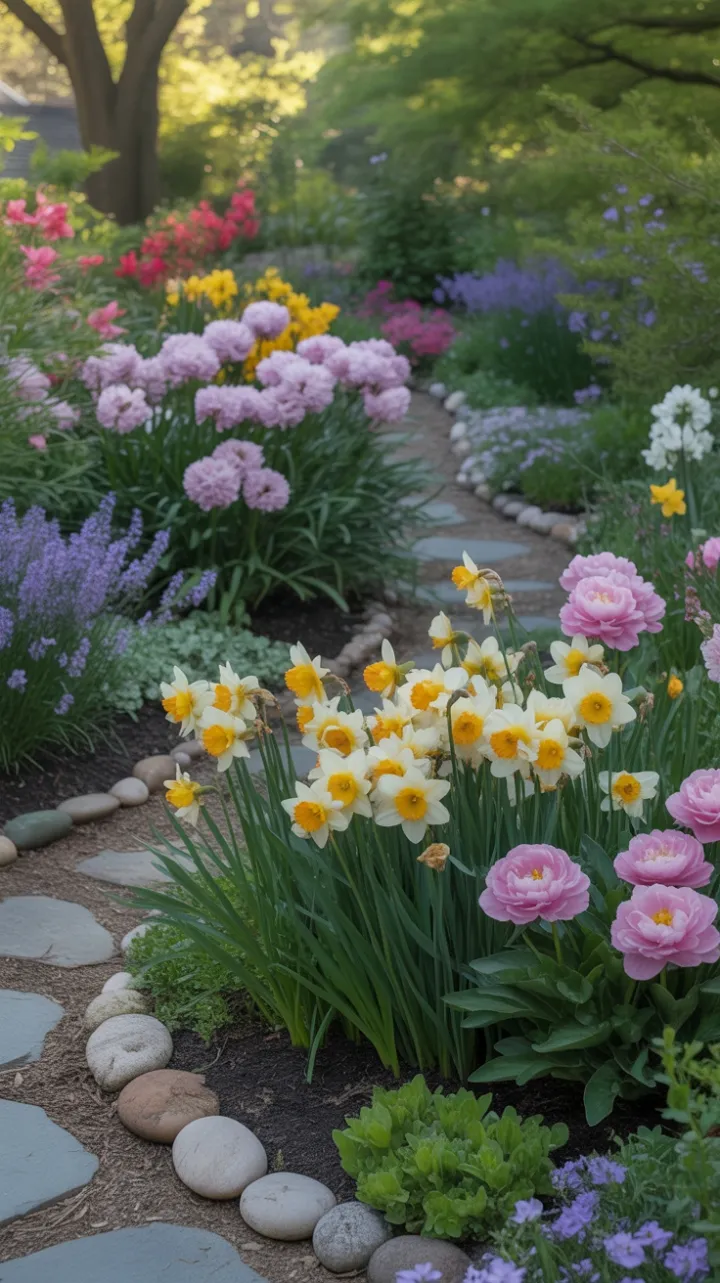 Sunlit Path Through a Lush Tapestry of Spring Blooms